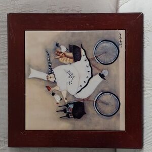 Jennifer Garant Fat Chef on Bicycle Framed Art Tile Trivet 8"x8"